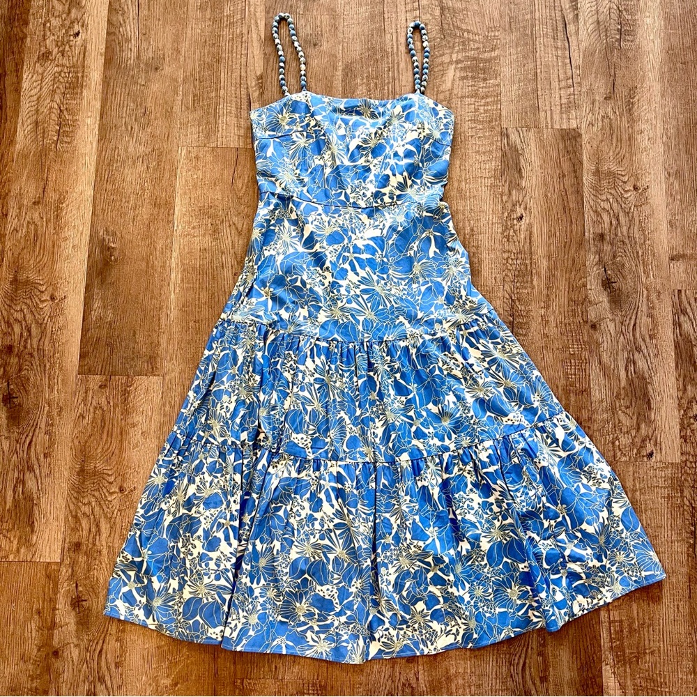 Cotton Blue Floral Midi Dress Casual Beaded Straps Size Small